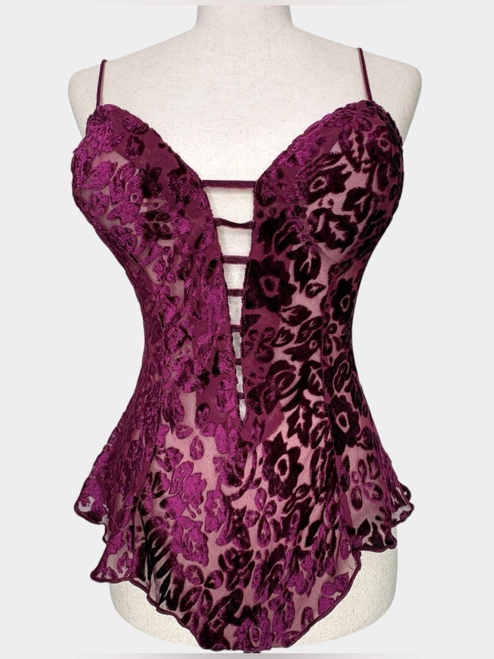 Vtg Victoria Secret Gold Label Burnout Velvet Caged Plunge Bodysuit Whimsigoth P